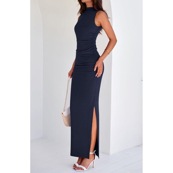 Women's Navy Blue Two Piece Sets Going Mock Neck Sleeveless Knit Tops Maxi Skirt - Picture 4 of 6